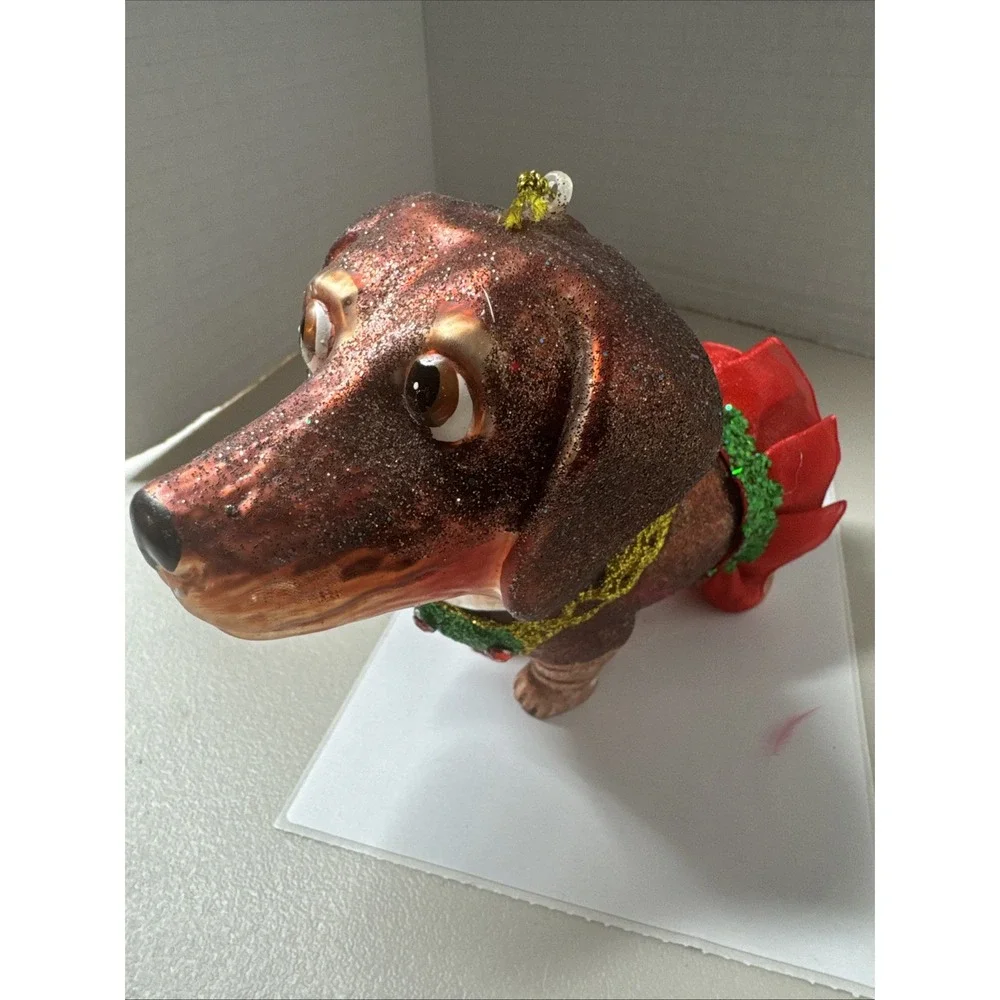 Robert Stanley Vintage Christmas Blown Glass Ornament Brown Dog W‎ Red Tutu